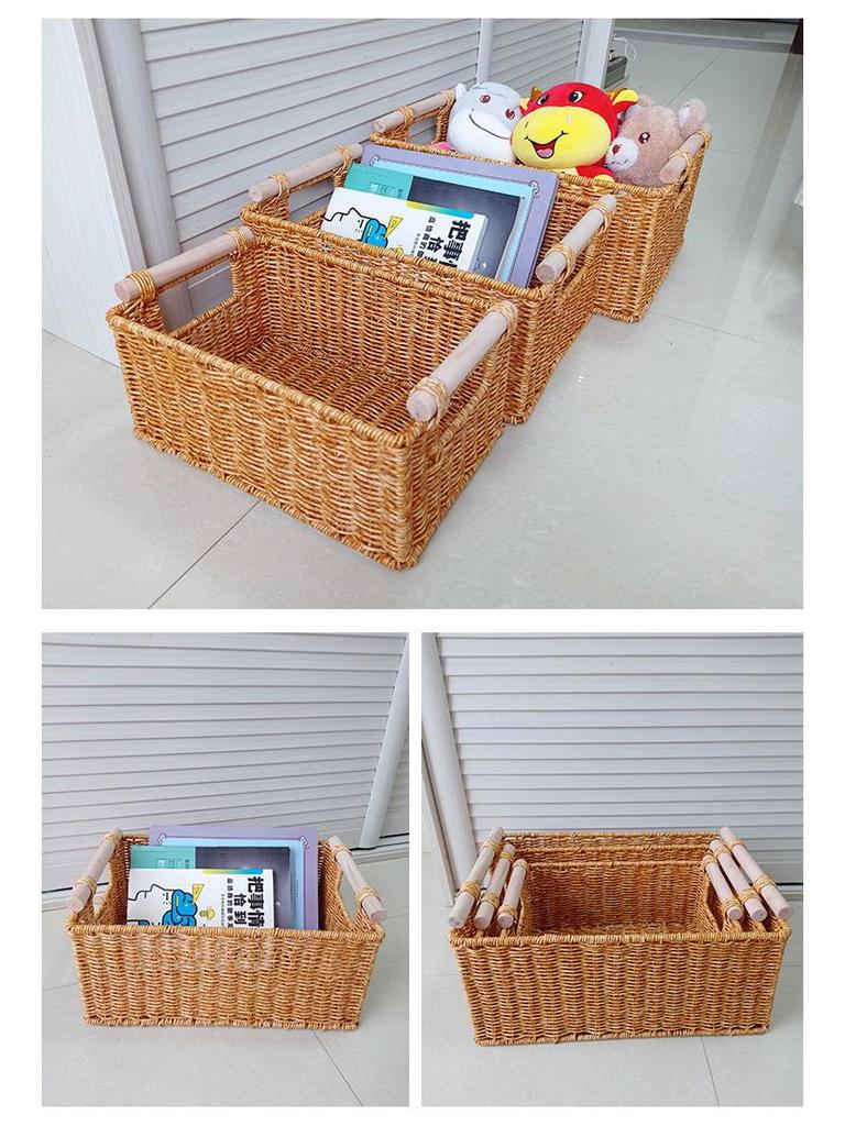 Proutěný pletený koš s dřevěnou rukojetí do obývacího pokoje, na svačinu, do hotelu, na prádlo a pro skladování.