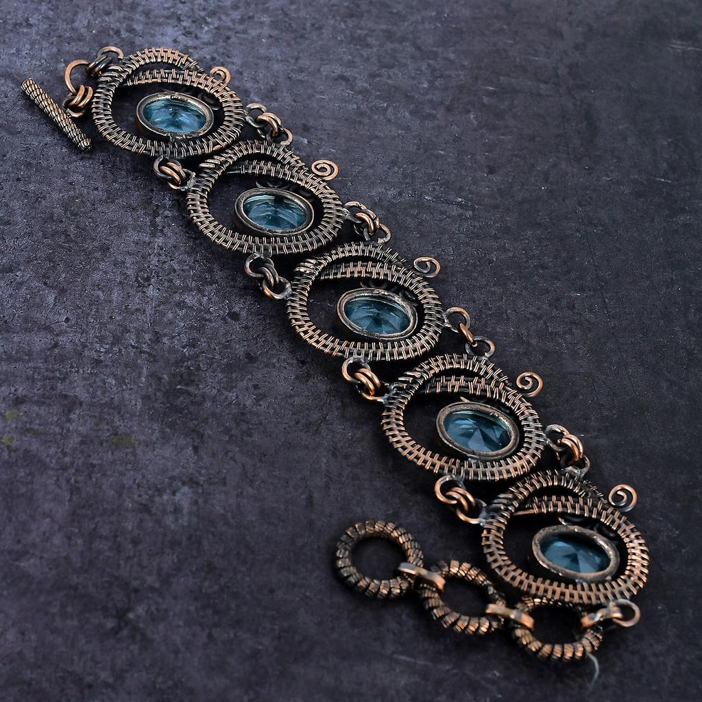 Natural Swiss Blue Topaz Gemstone Handmade Copper Wire Wrap Bracelet 7-8" Q1K48