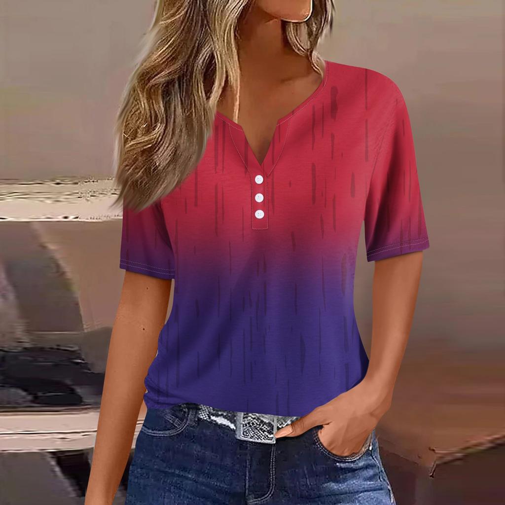 Damen-T-Shirt, T-Shirt, bedruckt, Knopfleiste, kurzärmelig, für den Alltag, Wochenende, modisch, Basic, V-Ausschnitt, normales Oberteil