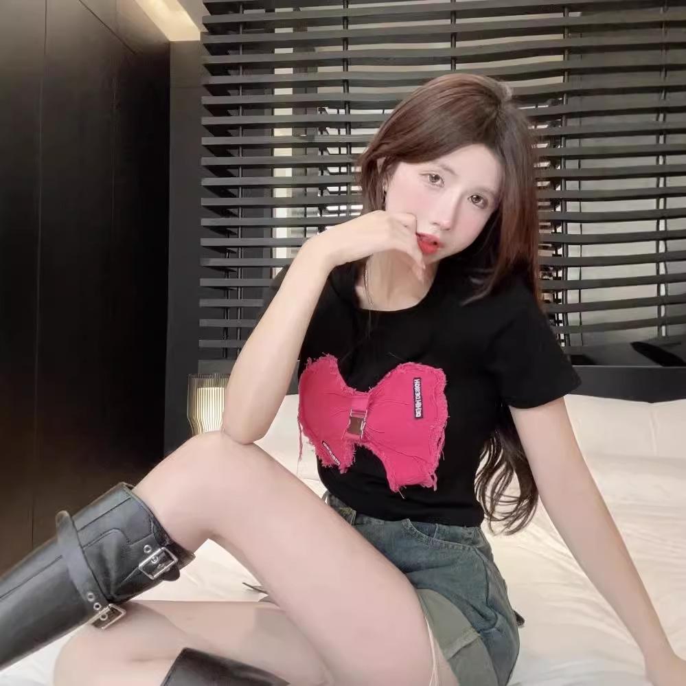 American retro sweet Spice Girl short front shoulder top design sense chic three-dimensional bow slim short sleeve t-shirt women