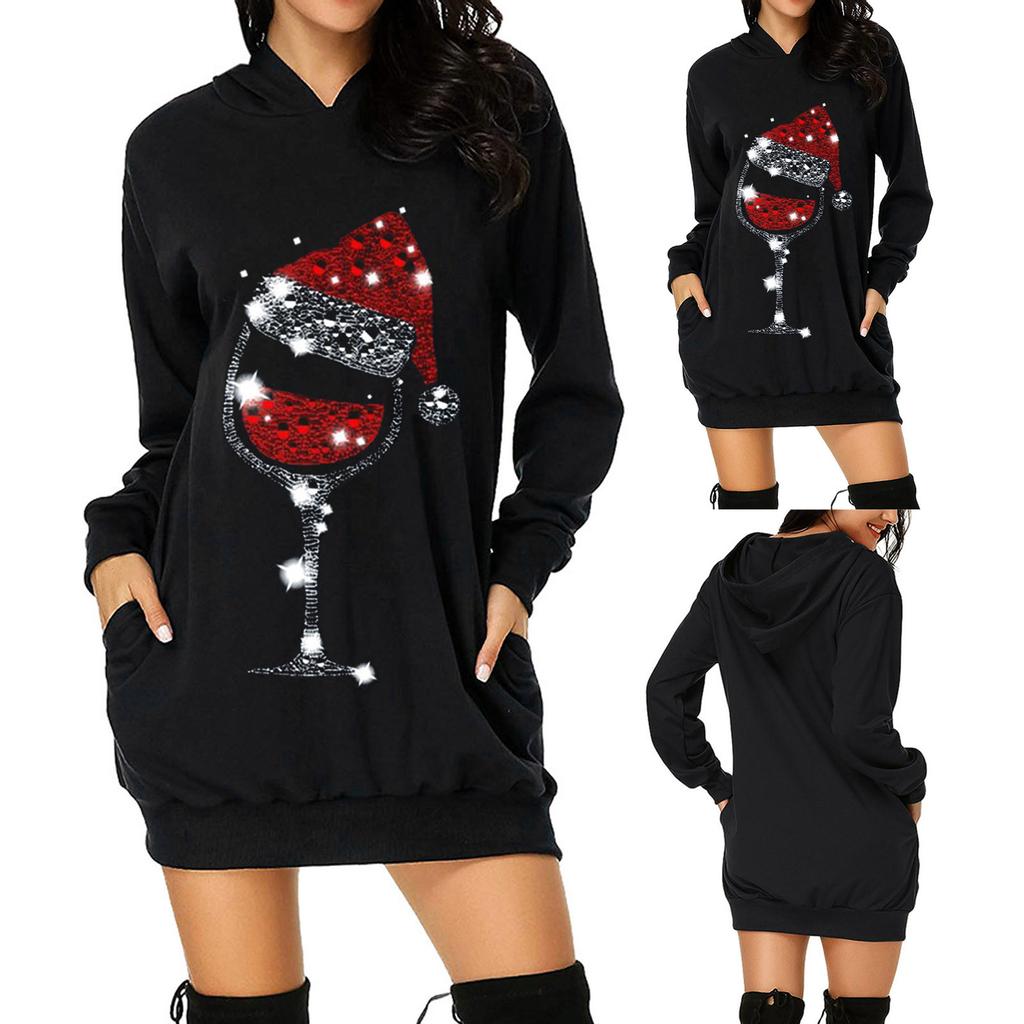 Women's Fashion Christmas Hoodie Bag Hip Pocket Print Hoodie Fashion Dress