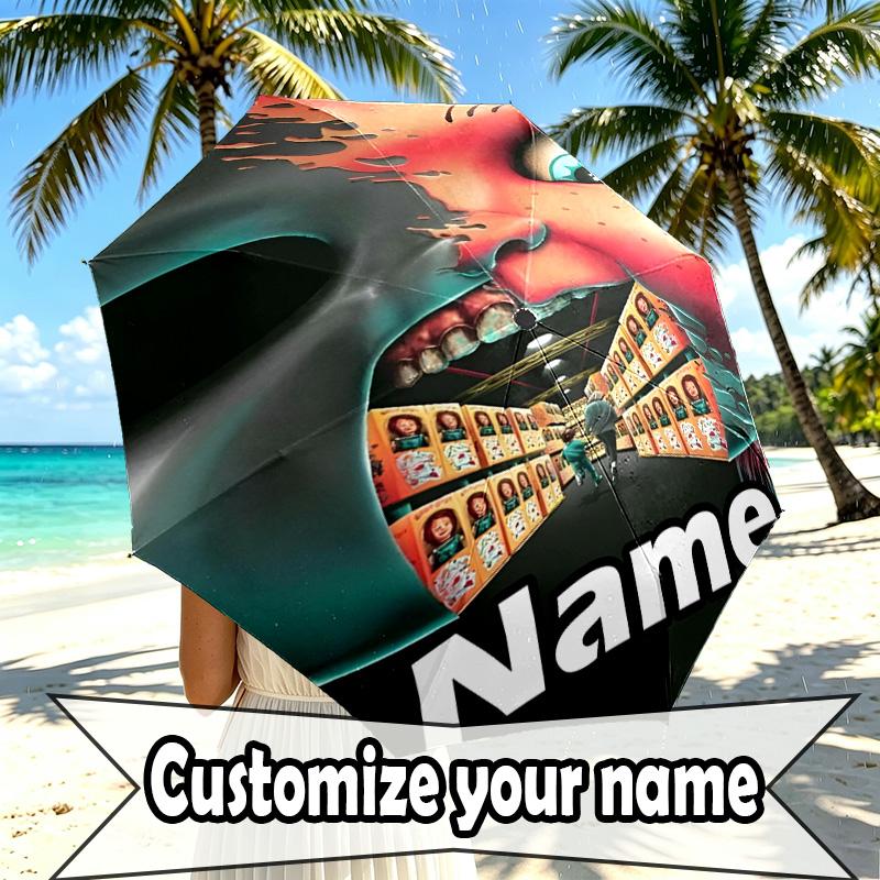 Custom Name Personalized Bride of Chucky Print Umbrella, Auto Open Close, 8‑Rib Sturdy Frame, Commute Camping Hiking Use, Birthday Gift