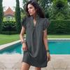 Summer Women Loose Dress Solid Color Standing Collar Lotus Leaf Sleeve Elegant Casual
