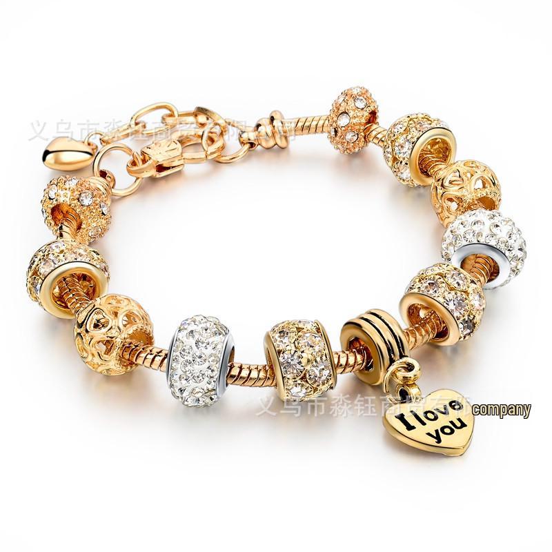 New Panjia Style Gold-Plated Beaded Bracelet with Full Diamond Love Design