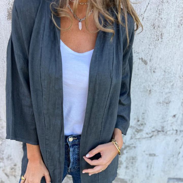 1116 European and American Autumn and Winter New Cardigan Solid Color Casual Loose Pocket Top Women