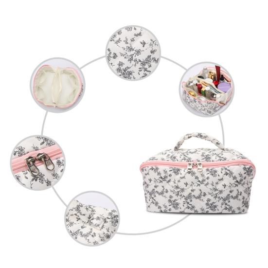 Quilted Floral Makeup Bag 180-Degree Flat Open Travel Cosmetic Organizer Women Large Capacity Toiletry Bag for Vacation Daily Vanity Table Use