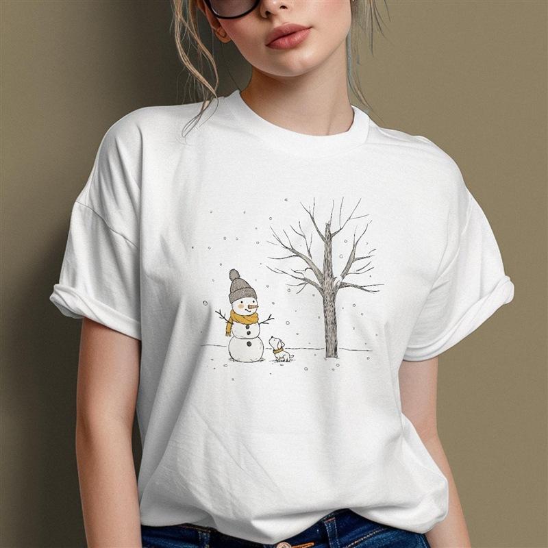 Cute Christmas Snowman Christmas Cute Snowman Printed Cotton Fashion Short Sleeve Casual T-Shirts Women’s