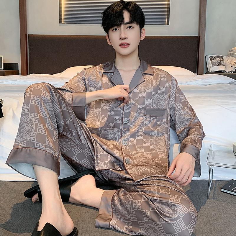 Pajamas Suit Men Summer Ice Silk Short Sleeved Long Pants Thin Male Satin Sleepwear Youth Homewear Set Gentlemen