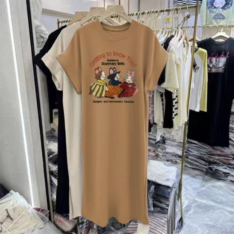 

T-shirt Long Women s Skirt with Cartoon Pattern, Slit Opening, Loose Fit, Slimming, French-style Dress M хаки