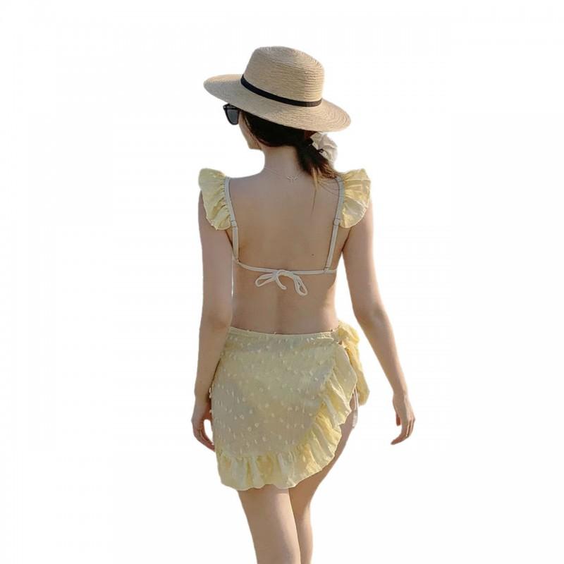 Womens 3-Piece Bikini Set With Ruffled Backless Design Beach Pool Vacation Swimwear