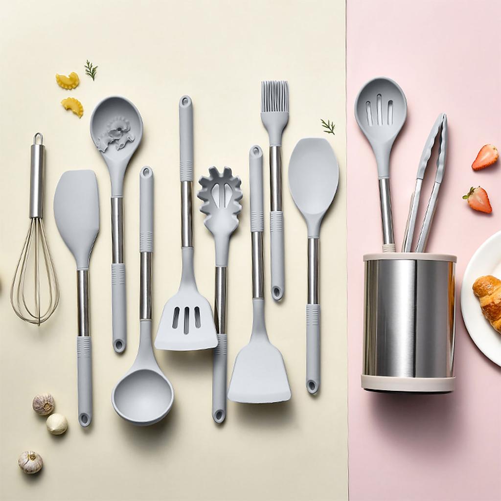 Kitchen Utensils Set Silicone Stainless Steel Handle Non Slip Heat Resistant Cooking Utensils Set for Home Apartments