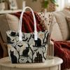 Halloween Themed Tote Bag Black Cat Bat Spooky House Printed Portable Casual Outdoor Handbag