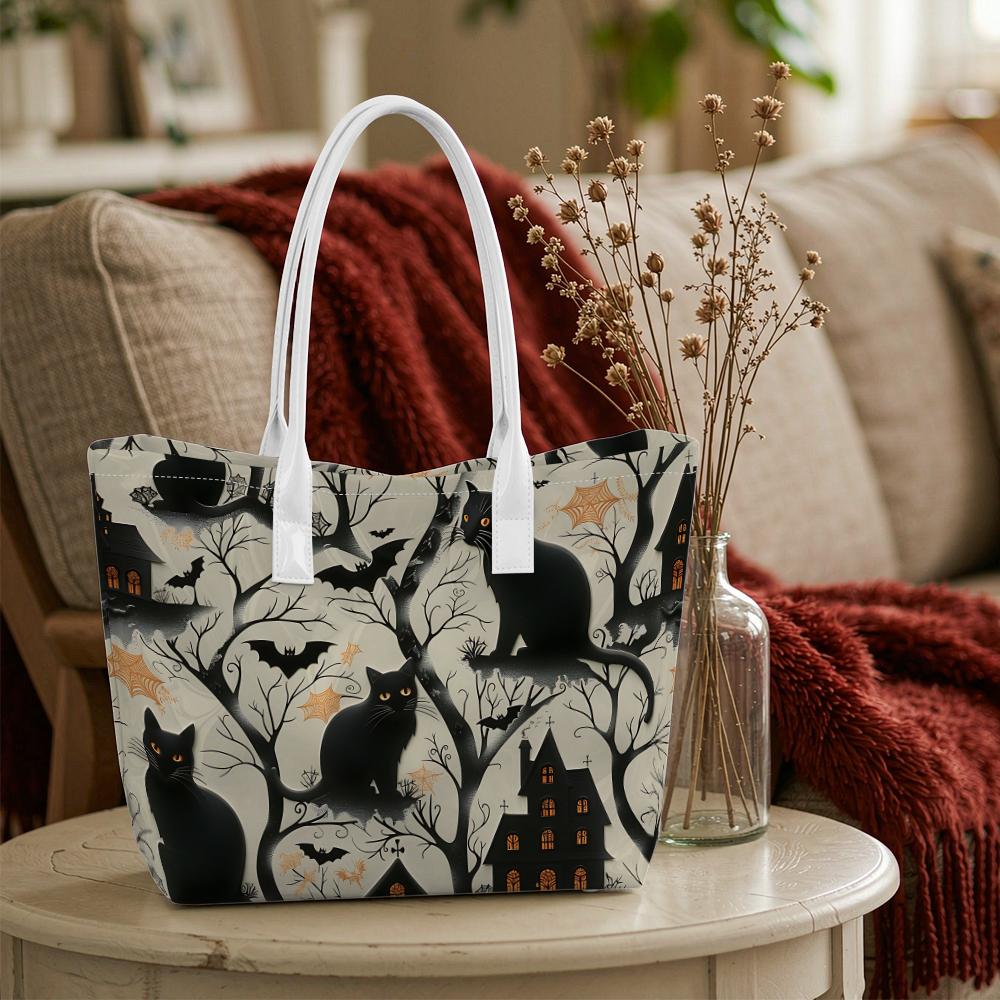 Halloween Themed Tote Bag Black Cat Bat Spooky House Printed Portable Casual Outdoor Handbag