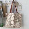 Women Canvas Bag Cat Pattern Zipper Design Tote Bag Large Capacity Japanese Style Lightweight Shoulder Bag