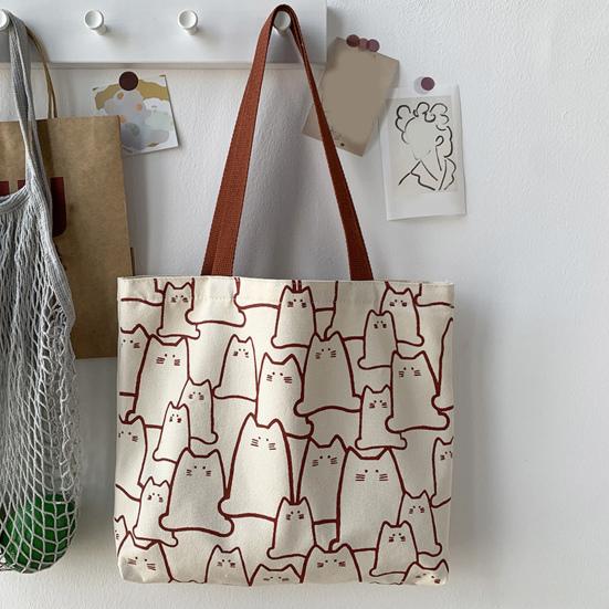 Women Canvas Bag Cat Pattern Zipper Design Tote Bag Large Capacity Japanese Style Lightweight Shoulder Bag