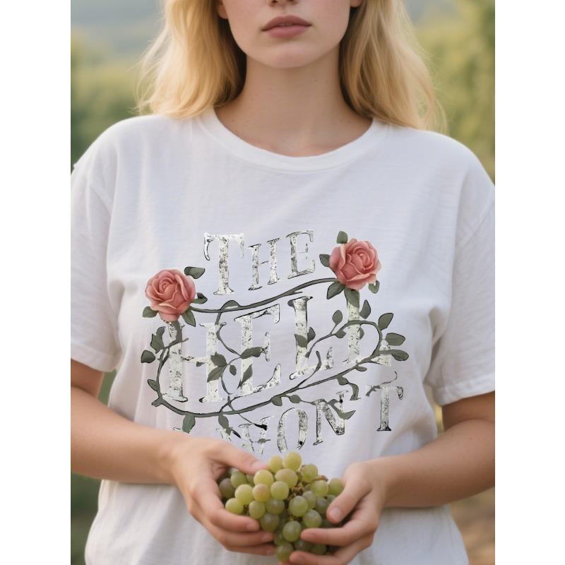 

Women s Plus Size Round Neck Short Sleeve T-Shirt Easter Rose Print The Hell I Won t Casual Streetwear Home Top Black White S белый