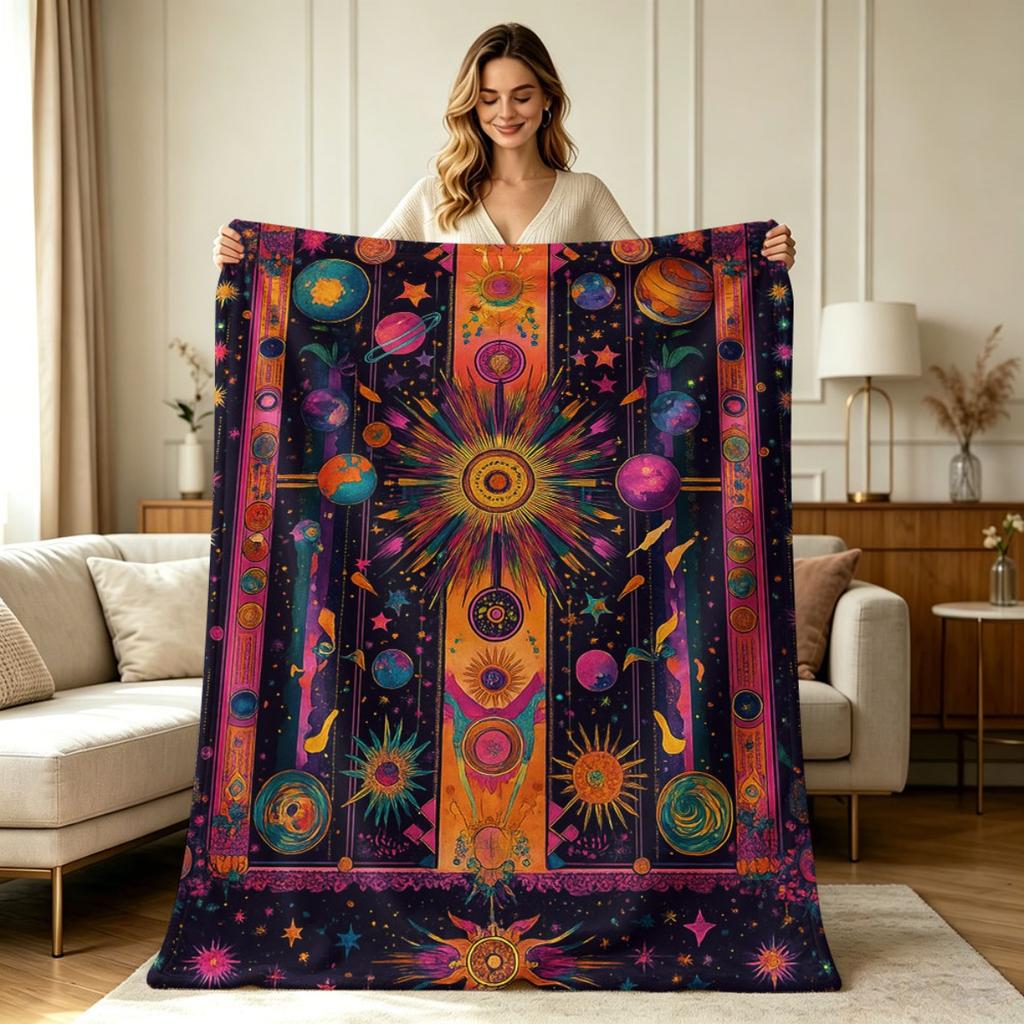 Ganzjahres Flanelldecke mit Himmlischem Galaxie Stern Sonne Planet Tarot Muster Weiche Warme Gemütliche Überwurfdecke für Couch Sofa Bett Büro Wohnzimmer Trav