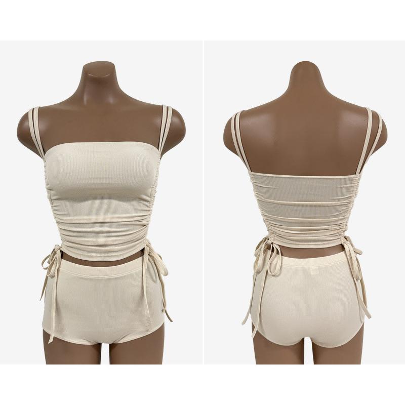 

The new split solid color gathers bikini swimsuit high waist to cover the belly and look thin sexy hot spring M