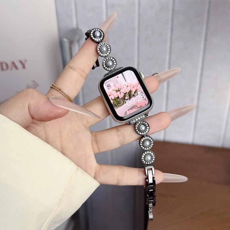 French Style Pearl Metal Chain Band for Apple Watch 11, iWatch 10987E, Huawei GT6, Xiaomi 9