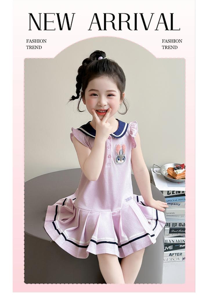 Girl rabbit police officer knitted pleated skirt summer 2026 new item baby girl flying sleeve navy collar summer dress princess skirt