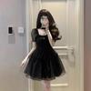 Women's High-End French Style Black Puff Sleeve Dress - Summer Waist-Hugging Short Princess Dress