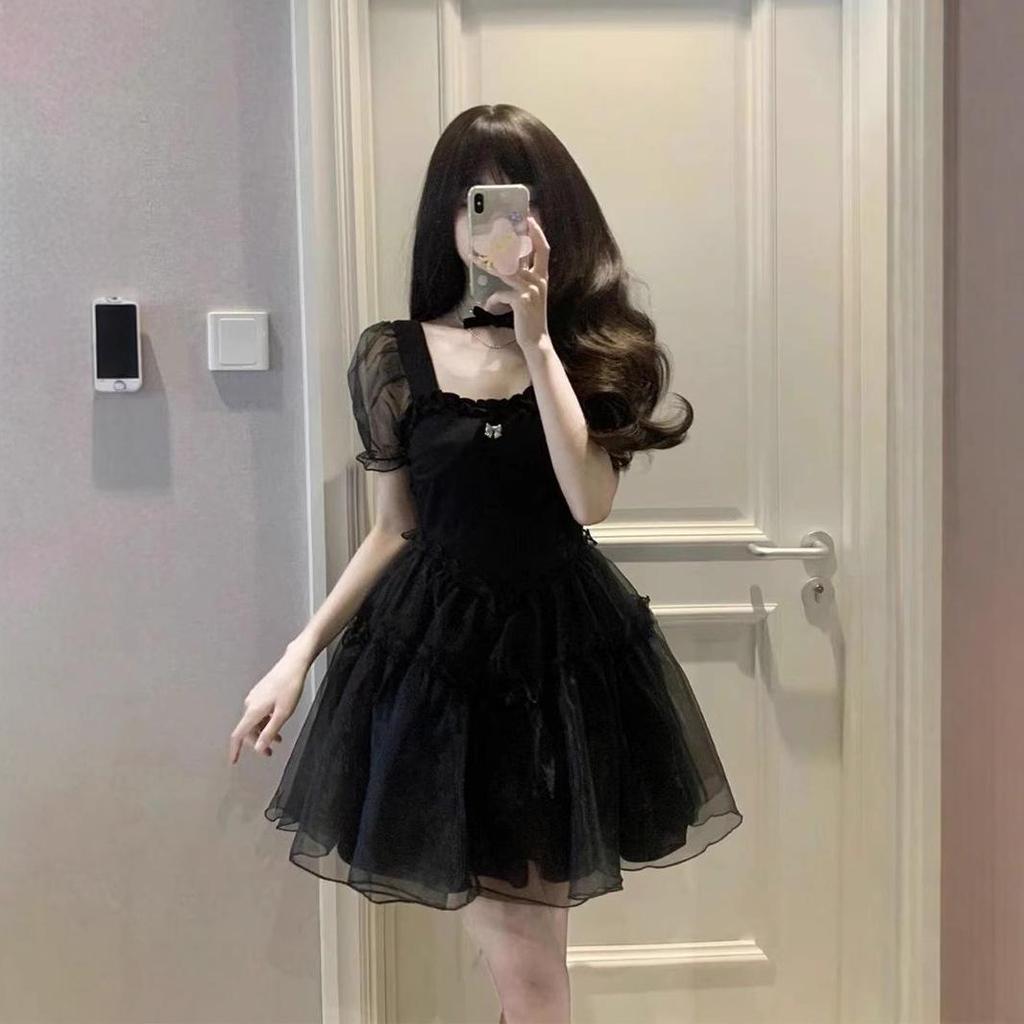 Women's High-End French Style Black Puff Sleeve Dress - Summer Waist-Hugging Short Princess Dress