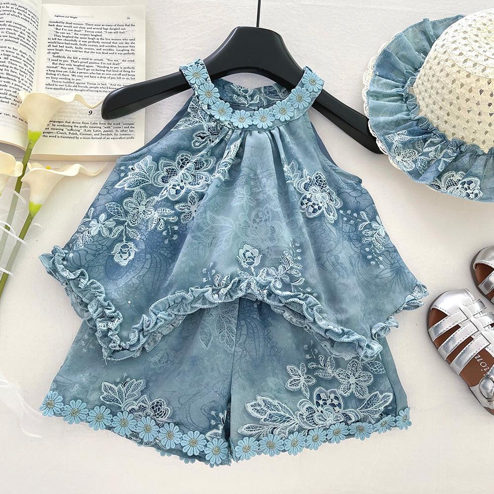 Girls Summer Floral Bow Backless Irregular Top And Shorts Set Stylish Two Piece Outfit For Kids 90cm
