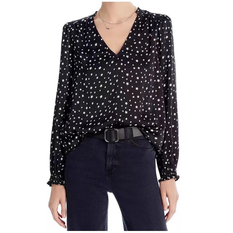

Foreign Trade Order AQ Home 2025 Summer New XINGX Pattern Long sleeve Loose Refreshing Top V-neck Shoulder Pad Shirts Black Star Pattern XL