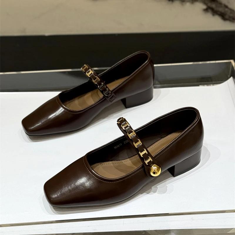 2025 Women's Mid-heeled Single Shoes Square Toe Velcro Chain Small Leather Shoes Office French Shallow Mouth Zapatillas De Mujer