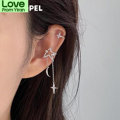 Latest Women Voguish Stylish Zircon Stone Crystalline Moon Star Clip Earrings Minimalist Minimalist Fake Cartilage Long Tassel Ear Cuff JewelryFashion