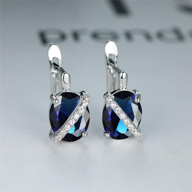 Cute Female Big Oval Stone Earrings Luxury Crystal Blue Purple Hoop Earrings Rose Gold Silver Color Wedding Earrings For Women