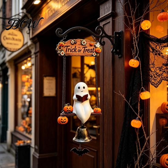 Entryway Welcome Sign Halloween Swing Ghost Doorbell, with Pumpkins Decor, Gothic Style Trick Weather Resistant Yard Ornament or Treat Sign,