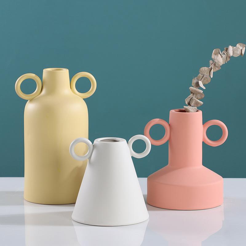 Ceramic Vase Geometric Circular Handle Ceramic Handicraft Plant Pot Floral Arrangement Accessories Home Decoration Vases