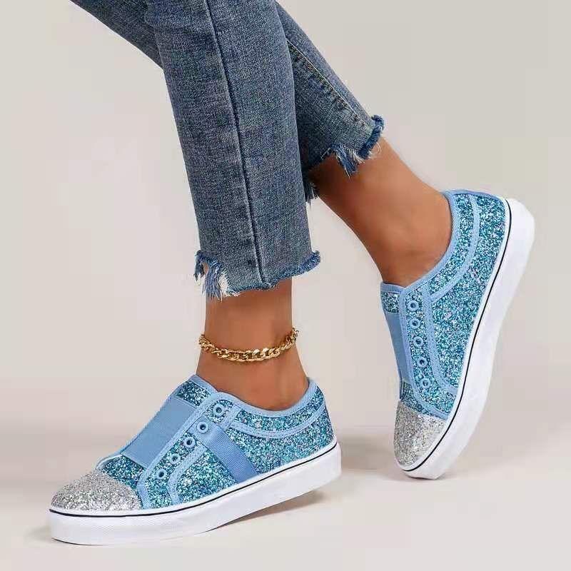 Spring and Autumn Large Size Sequined Board Shoes Flat Bottom Low Top Round Head Casual Women's Glitter Color Matching Women's Single Shoes