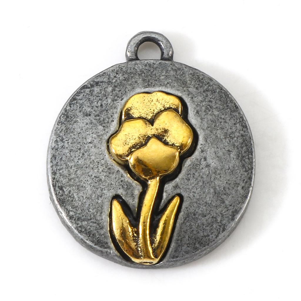 10pcs Vintage Birth Month Flower Charms Antique Gold Color Round Flower Pendants DIY Necklace Women Party Jewelry 20mm x 17.5mm