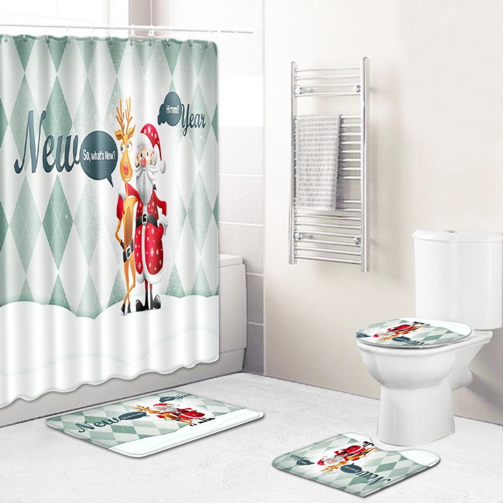 Christmas Elements Bathroom Shower Curtain Floor Mat Toilet Cover Foot Mat Four-Piece Pattern Size
