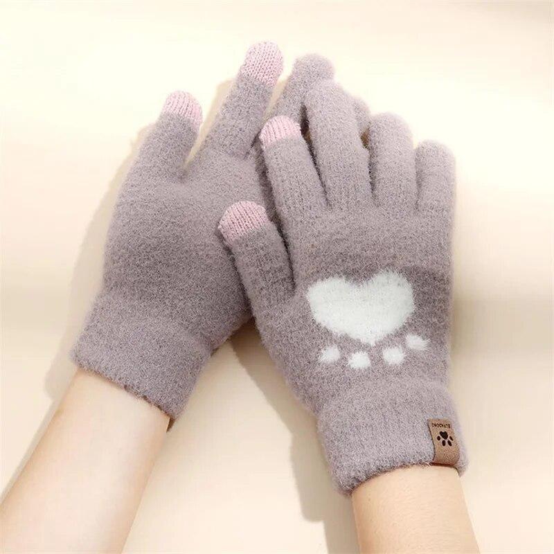 Fashion Cat Paw Printing Gloves Mobile Phone Touchscreen Knitted Gloves Winter Thick & Warm Adult Soft Fluffy Gloves Men's Women