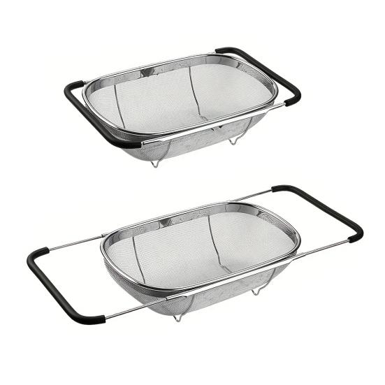 Over The Sink Colander Fine Mesh Stainless Steel Strainer Kitchen Sink Oval Colander with Expandable Rubber Grip Handles for Straining Draining