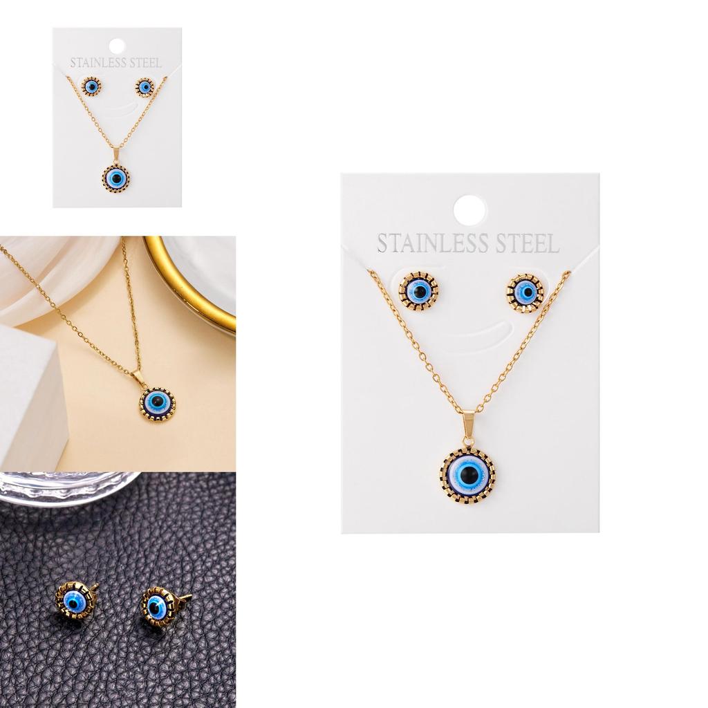 Turkish Evil Eye Jewelry Set With Geometric Alloy Pendant And Chain For Women