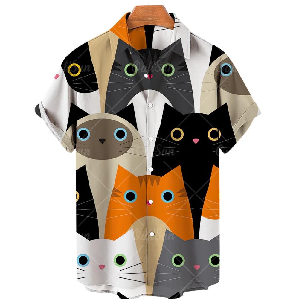 Cute Cat Pattern Print Men Short Sleeve Shirt Summer Men Fashion Loose Shirt Tops