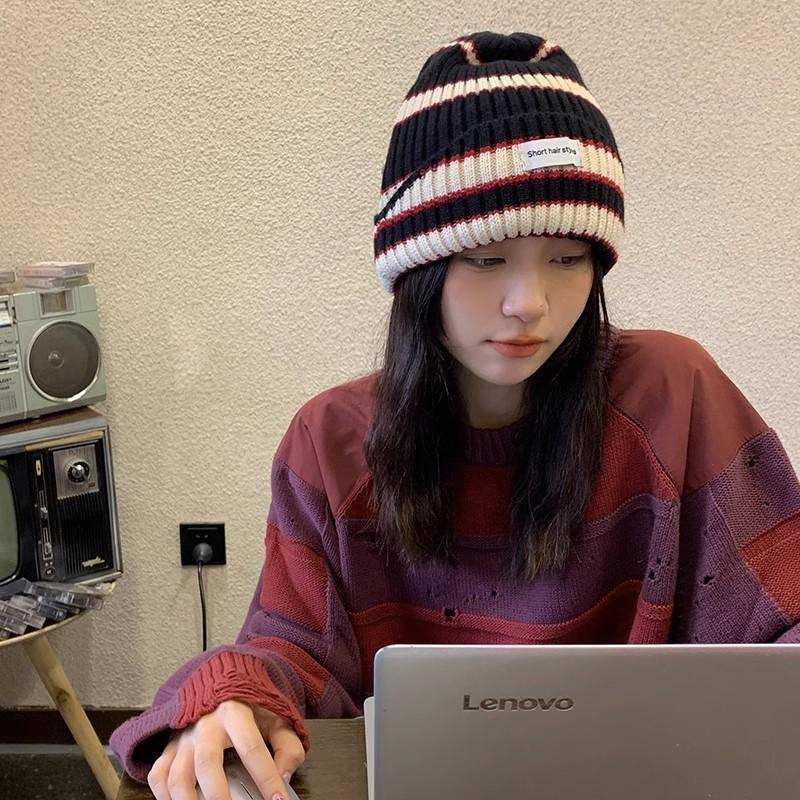 Hat Style Versatile Minimalist Retro Stripes Womens Warm Hatsbeanie Knitted