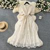 French high-end temperament dress women's summer fashion strap waist single-breasted embroidered mesh long skirt