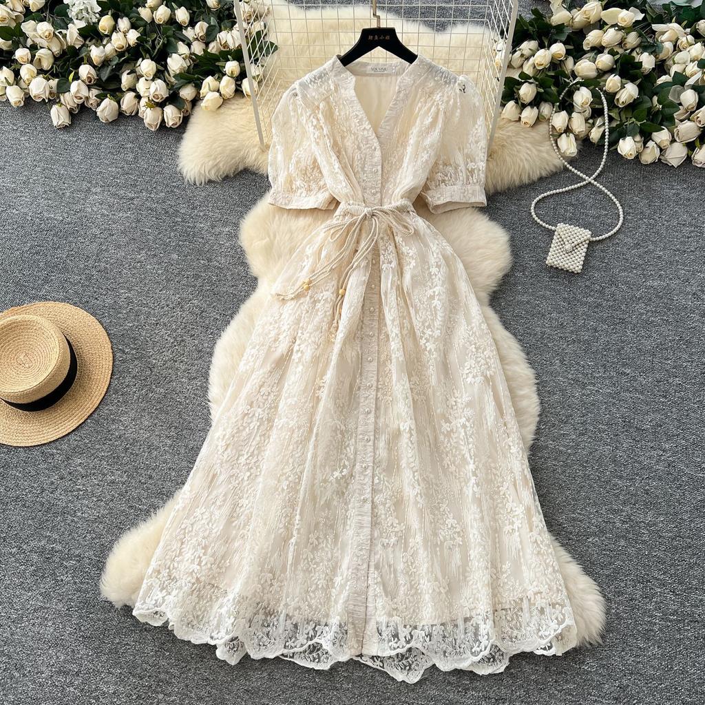 French high-end temperament dress women's summer fashion strap waist single-breasted embroidered mesh long skirt
