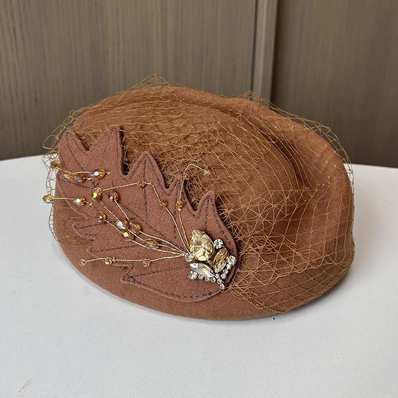 2025 New French Style 100% Wool Beret Cap Winter Hat For Women Elegant Mesh Rhinestone Church Hat Stewardess Hat Chapeau