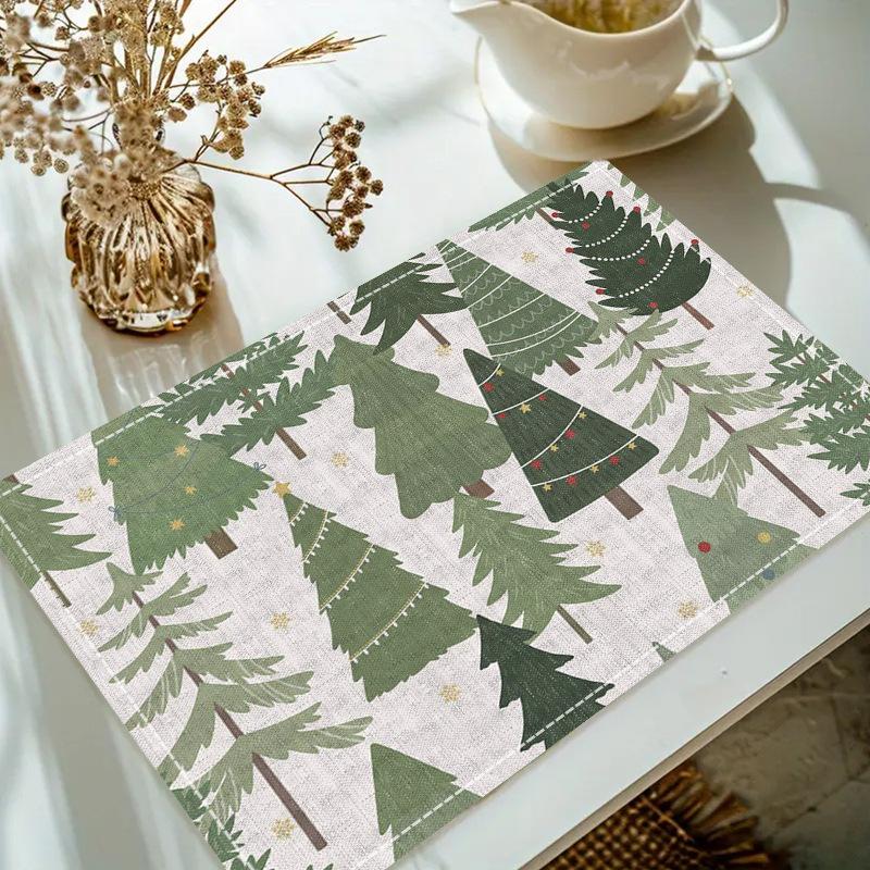 Christmas Linen Placemat Table Coffee Mat Poinsettia Pine Tree Snowflake Cone Merry Christmas Beige Red Green Elegant Decorative