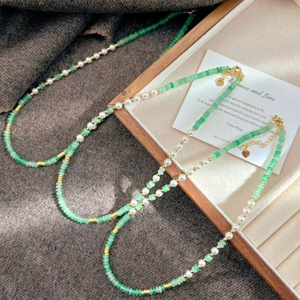 Vintage Romantic High Quality Natural Aventurine Jade Flying Saucer Beads Artificial Crystal Pearl Necklace Clavicle Chain