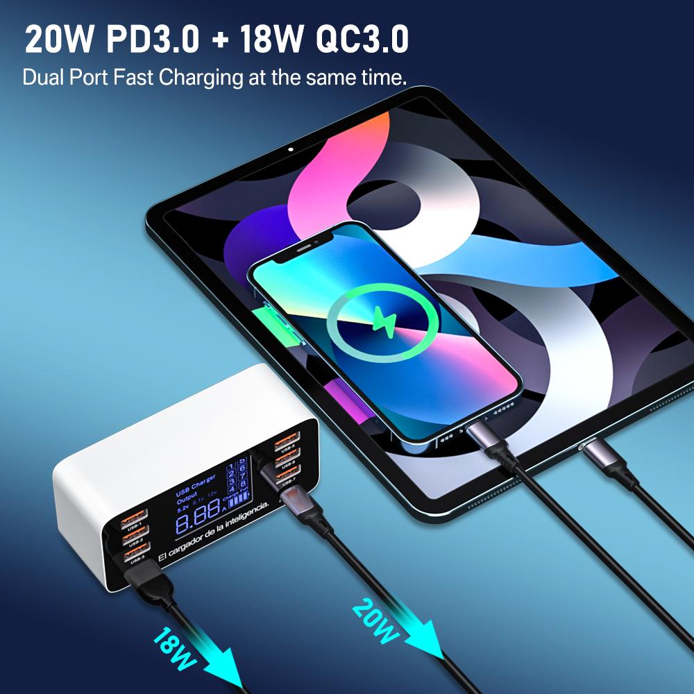 Φορτιστής USB Γρήγορης Φόρτισης 8 Θυρών QC3.0 Γρήγορη Φόρτιση Type C Έξυπνος Σταθμός Φόρτισης Ψηφιακή Οθόνη LCD USB Πολλαπλών Θυρών για Τηλέφωνο
