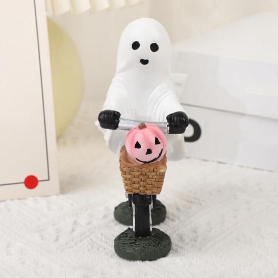 Hand Painted Resin Ghost Decor Halloween Riding Bicycle Figurine, Spooky Desk Shelf for Durable Window Display Home Entryway, Hand-Painted Creepy Cute