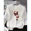European Size Women'S Sleeve T-Shirt with Vibrant Butterfly & Floral Letter Print - Casual Crew Neck, Spring