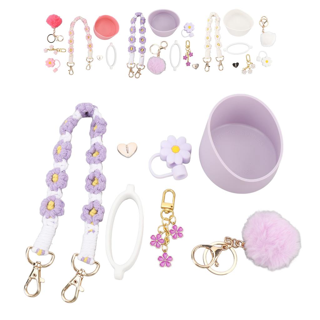 Cup Accessories Set Cup Decoration Set Straw Cap Cup Flower Keychain Plush Ball Pendant for Water Bo